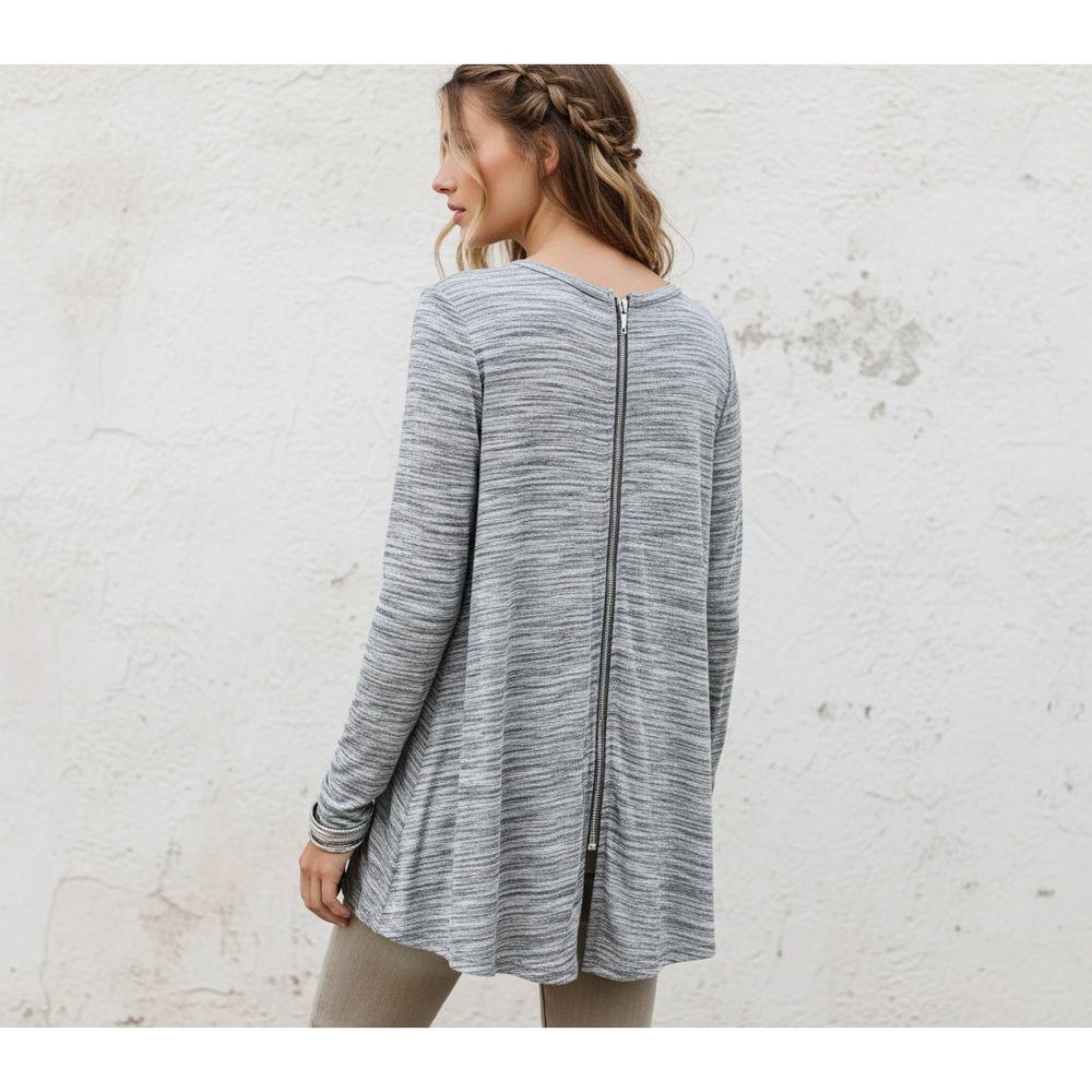 Loft Gray Black White Space Dye Zipper Knit Tunic Top Boho Cottage Casual Edgy M